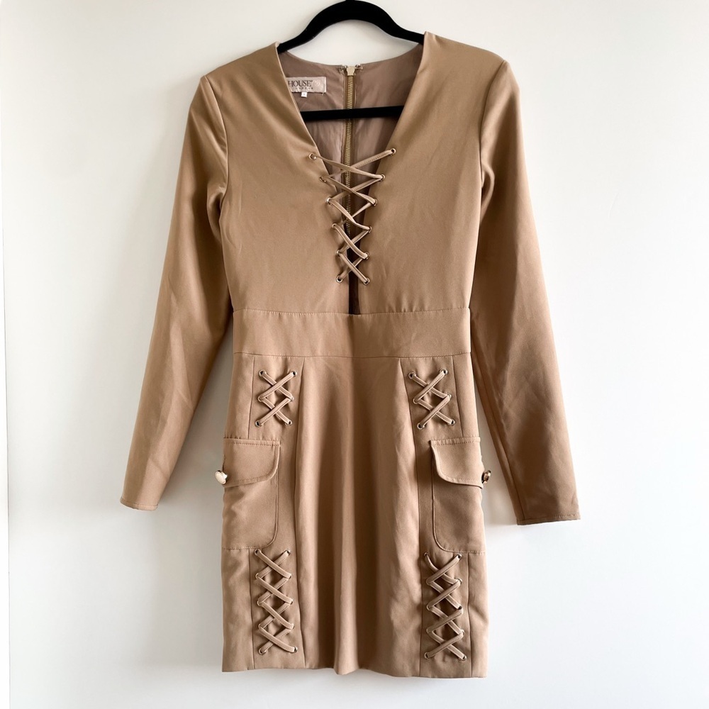 House of CB Tan Lace-Up Long Sleeve (Thamina) Dress